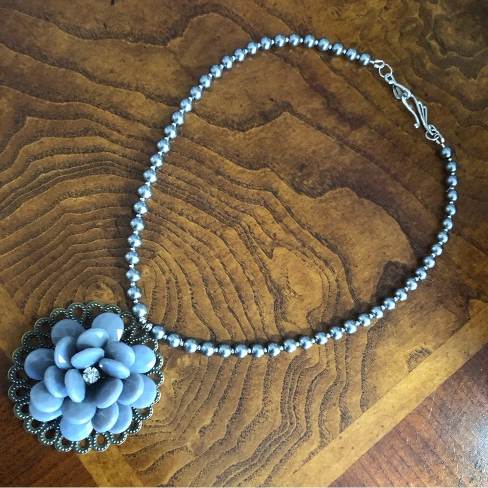 Handcrafted repurpose faceted floral pendant Czech glass Pearl necklace